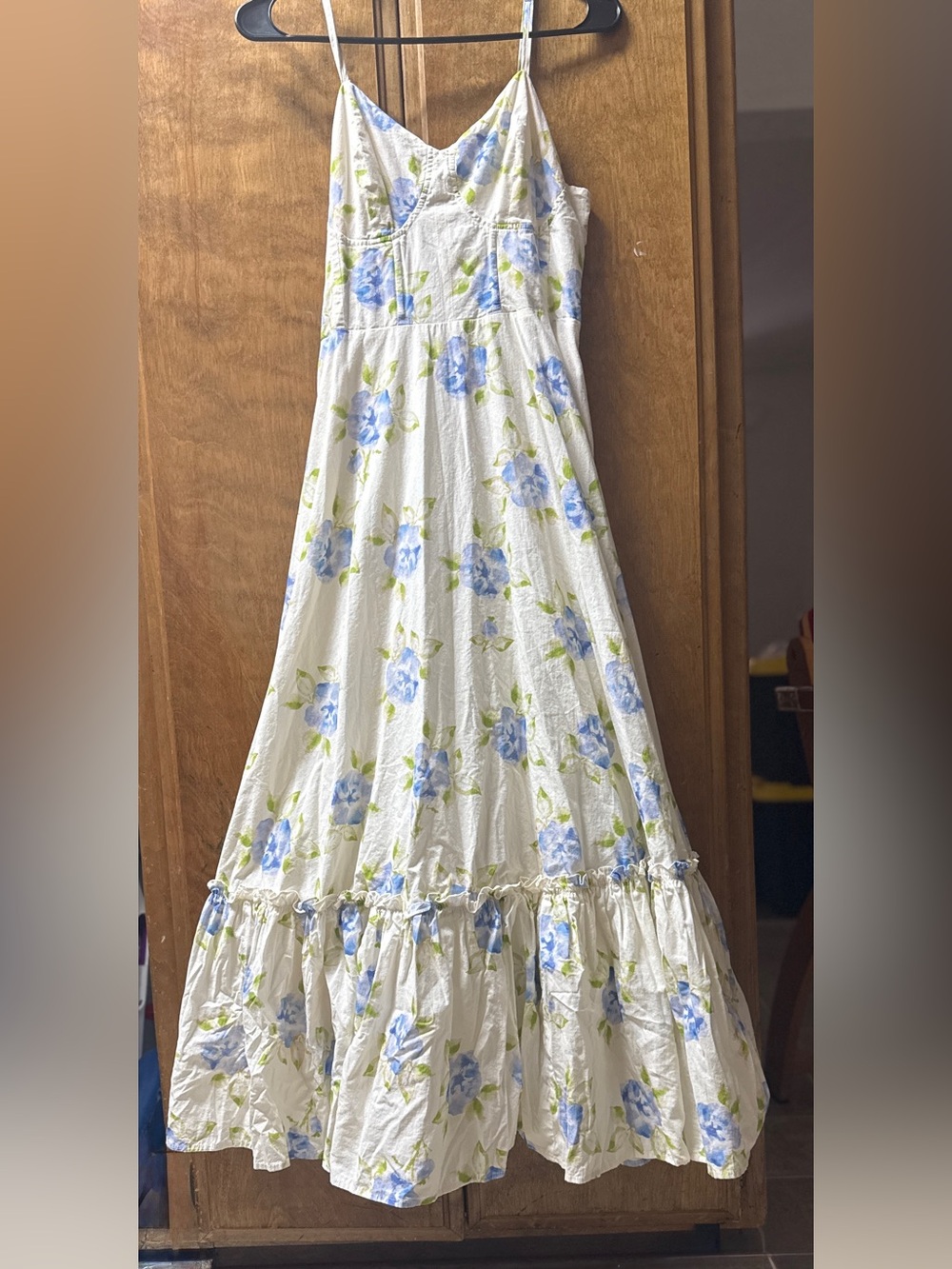 NWT MABLE Floral Corset Lace Up Maxi Dress Size S White Blue Cottagecore Boho